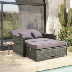 Costway Patio Rattan Daybed Set Wicker Loveseat Sofa With Ottoman & Retractable Side Tray