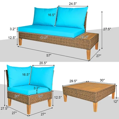 Costway 8PCS Patio Rattan Furniture Set Loveseat W/Wooden Side Table Cushioned Turquoise 1 Costway 8PCS Patio Rattan Furniture Set Loveseat W/Wooden Side Table Cushioned Turquoise