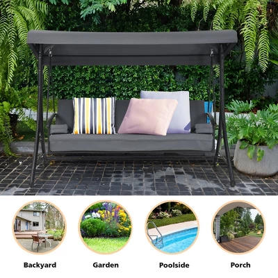 Costway Patio 3-Seat Porch Canopy Swing Converting Grey Cushion Pillow Adjust 3 Costway Patio 3-Seat Porch Canopy Swing Converting Grey Cushion Pillow Adjust - Image 3