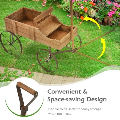Costway Garden Plant Planter Wooden Wagon Planter W/ Wheel Garden Yard 5 Costway Garden Plant Planter Wooden Wagon Planter W/ Wheel Garden Yard - Image 5
