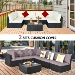 Costway 7PCS Patio Rattan Furniture Set Sectional Sofas Off White & Grey Cushion Covers -Costway GUEST beea9c36 b873 470c a79f 0535eb4ef746