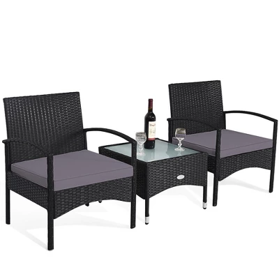 Costway 3 PCS Patio Wicker Rattan Furniture Set Coffee Table & 2 Rattan Chair W/Cushion 2 Costway 3 PCS Patio Wicker Rattan Furniture Set Coffee Table & 2 Rattan Chair W/Cushion - Image 2
