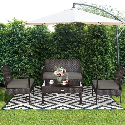 Costway 4PCS Patio Rattan Wicker Furniture Set Brown Loveseat Sofa Cushioned Garden Yard Brown 2 Costway 4PCS Patio Rattan Wicker Furniture Set Brown Loveseat Sofa Cushioned Garden Yard Brown - Image 2
