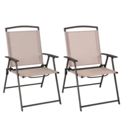 Costway 2 Pcs Patio Folding Sling Dining Chairs Armrests Steel Frame Outdoor Beige/Grey -Costway GUEST bf7114c0 4f08 46b2 b354 4b0971cac218