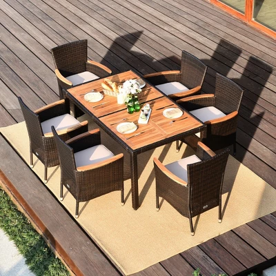 Costway 7PCS Patio Rattan Dining Set 6 Stackable Chairs Cushioned 3 Costway 7PCS Patio Rattan Dining Set 6 Stackable Chairs Cushioned - Image 3