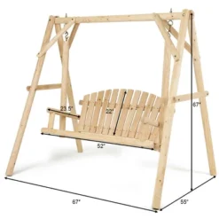 Costway A-Frame Wooden Porch Swing Outdoor Garden Rural Torched Log Curved Back Bench