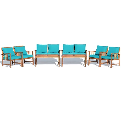 Costway 8PCS Wooden Patio Furniture Set Table Sofa Chair Cushioned Garden Turquoise 1 Costway 8PCS Wooden Patio Furniture Set Table Sofa Chair Cushioned Garden Turquoise