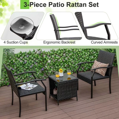 Costway 3 PCS Patio Conversation Set Wicker Chair Tempered Glass Table Cushioned Seat 4 Costway 3 PCS Patio Conversation Set Wicker Chair Tempered Glass Table Cushioned Seat - Image 4