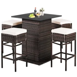 Costway Patio 5PCS Rattan Bar Table Stool Set Hidden Storage Shelf Cushioned -Costway GUEST c23e28bd 9489 4d58 8bfc b05633c780e2