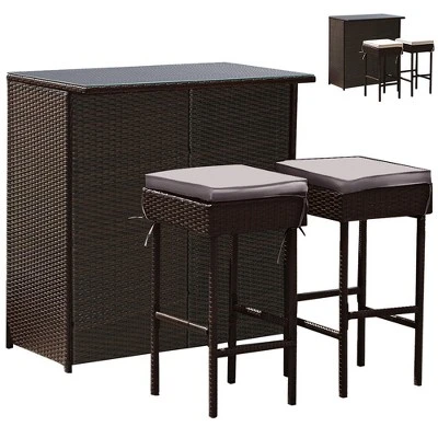 Costway Patio 3PCS Rattan Bar Table Stool Set Cushioned Chairs With Cover 1 Costway Patio 3PCS Rattan Bar Table Stool Set Cushioned Chairs With Cover