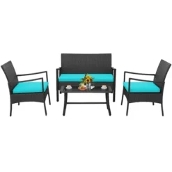 Costway 4PCS Patio Wicker Furniture Set Cushioned Chairs& Loveseat With Coffee Table Garden