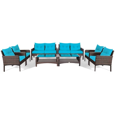 Costway 8PCS Patio Rattan Sectional Furniture Set Loveseat Sofa Coffee Table W/Turquoise Cushion 1 Costway 8PCS Patio Rattan Sectional Furniture Set Loveseat Sofa Coffee Table W/Turquoise Cushion