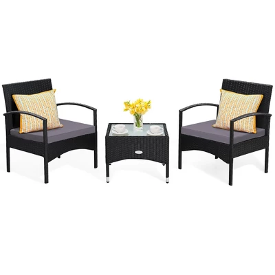 Costway 3 PCS Patio Wicker Rattan Furniture Set Coffee Table & 2 Rattan Chair W/Cushion 6 Costway 3 PCS Patio Wicker Rattan Furniture Set Coffee Table & 2 Rattan Chair W/Cushion - Image 6