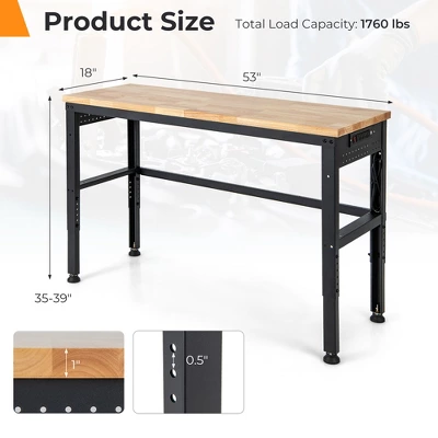 Costway 53" Adjustable Height Workbench 1760lbs Capacity Workstation W/ Power Outlets 2 Costway 53" Adjustable Height Workbench 1760lbs Capacity Workstation W/ Power Outlets - Image 2