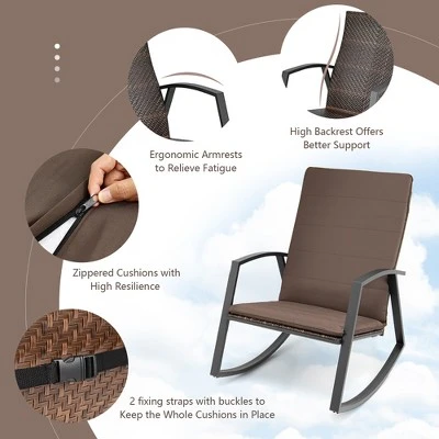 Costway 3PCS Patio Rattan Rocking Chair Table Furniture Set Yard Cushion 4 Costway 3PCS Patio Rattan Rocking Chair Table Furniture Set Yard Cushion - Image 4