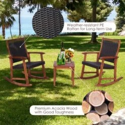 Costway 3PCS Patio Rattan Rocking Chair Bistro Set Acacia Wood Frame Armrest -Costway GUEST c53417f3 5959 4866 ab17 8905c3c8358c
