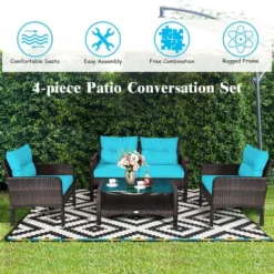 Costway 4PCS Patio Rattan Furniture Set Loveseat Sofa Coffee Table W/Turquoise Cushion -Costway GUEST c5383786 41da 4384 a523 adc079d78bac