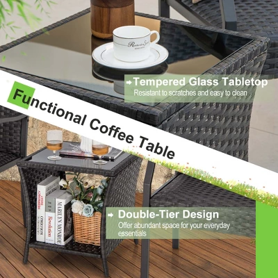 Costway 3 PCS Patio Conversation Set Wicker Chair Tempered Glass Table Cushioned Seat 5 Costway 3 PCS Patio Conversation Set Wicker Chair Tempered Glass Table Cushioned Seat - Image 5