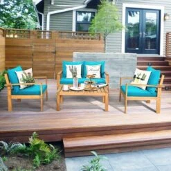 Costway 4PCS Patio Furniture Set Acacia Wood Thick Cushion Loveseat Sofa Off WhiteTurquoiseGrey -Costway GUEST c5c49931 86ab 4bf8 8d9e 39e994983350