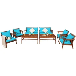 Costway 8PCS Patio Rattan Furniture Set Acacia Wood Frame Cushioned Sofa Chair Turquoise -Costway GUEST c68ea905 75cb 4d2c 8355 88bf9f0b2586