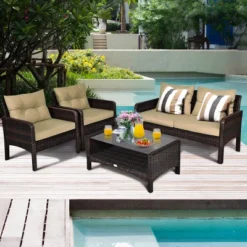 Costway 4PCS Patio Rattan Furniture Set Loveseat Sofa Coffee Table Sofa W/Cushion Garden -Costway GUEST c6942a9c 07b2 4e59 9699 abe819e5ff44