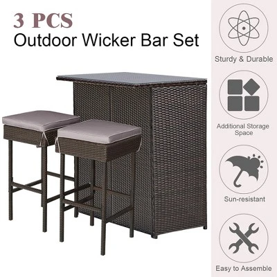 Costway Patio 3PCS Rattan Bar Table Stool Set Cushioned Chairs With Cover 4 Costway Patio 3PCS Rattan Bar Table Stool Set Cushioned Chairs With Cover - Image 4