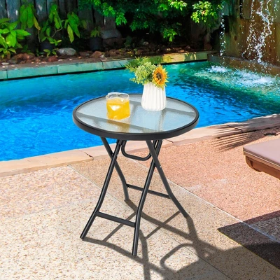Costway Patio Folding Round Glass Side Table Bistro Coffee Table Plant Stand 1 Costway Patio Folding Round Glass Side Table Bistro Coffee Table Plant Stand