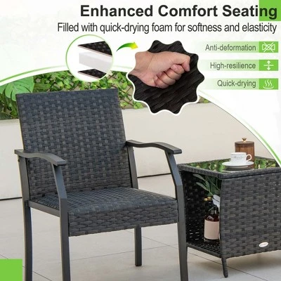 Costway 3 PCS Patio Conversation Set Wicker Chair Tempered Glass Table Cushioned Seat 7 Costway 3 PCS Patio Conversation Set Wicker Chair Tempered Glass Table Cushioned Seat - Image 7