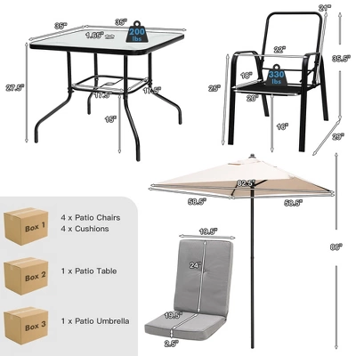 Costway 6PCS Patio Dining Set Stackable Chairs Cushioned Glass Table W/Umbrella 3 Costway 6PCS Patio Dining Set Stackable Chairs Cushioned Glass Table W/Umbrella - Image 3