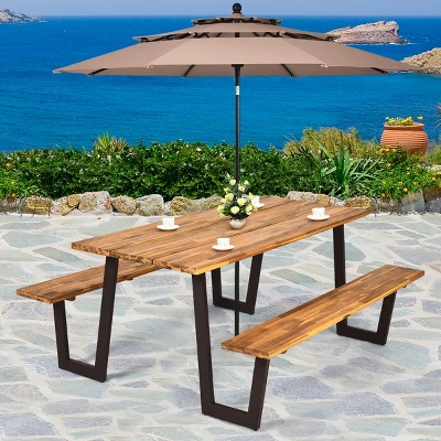 Costway Patented Picnic Table With 2 Benches 70'' Dining Table Set With Seats And Umbrella Hole 3 Costway Patented Picnic Table With 2 Benches 70'' Dining Table Set With Seats And Umbrella Hole - Image 3