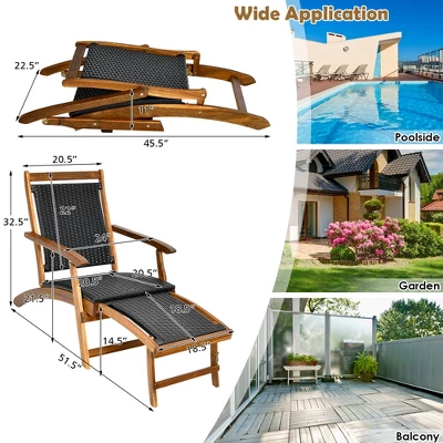 Costway 2PCS Patio Folding Rattan Lounge Chair Wood Frame Retractable Footrest 3 Costway 2PCS Patio Folding Rattan Lounge Chair Wood Frame Retractable Footrest - Image 3