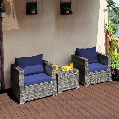 Costway 3 PC Patio Rattan Furniture Bistro Set Cushioned Sofa Chair Table WhiteNavy 10 Costway 3 PC Patio Rattan Furniture Bistro Set Cushioned Sofa Chair Table WhiteNavy - Image 10