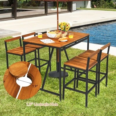 Costway 5PCS Patio Rattan Bar Table Stool Set Acacia Wood Top W/Umbrella Hole 1 Costway 5PCS Patio Rattan Bar Table Stool Set Acacia Wood Top W/Umbrella Hole
