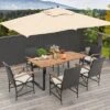 Costway 7 PCS Patio Rattan Dining Set Acacia Wood Table 6 Wicker Chairs With Umbrella Hole