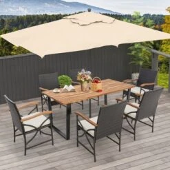 Costway 7 PCS Patio Rattan Dining Set Acacia Wood Table 6 Wicker Chairs With Umbrella Hole