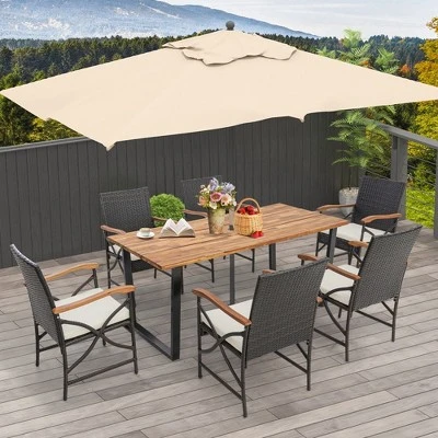 Costway 7 PCS Patio Rattan Dining Set Acacia Wood Table 6 Wicker Chairs With Umbrella Hole 1 Costway 7 PCS Patio Rattan Dining Set Acacia Wood Table 6 Wicker Chairs With Umbrella Hole