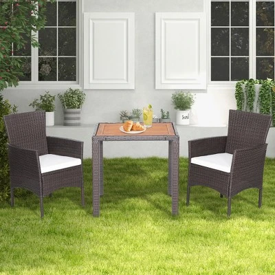 Costway 3PCS Patio Wicker Dining Set Acacia Wood Table Top With Cushioned Chairs Garden 3 Costway 3PCS Patio Wicker Dining Set Acacia Wood Table Top With Cushioned Chairs Garden - Image 3
