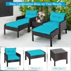Costway 5 PCS Patio Rattan Furniture Set Sofa Ottoman Table Cushioned Turquoise -Costway GUEST ca190957 9d61 4d69 90f8 494ca76637ad