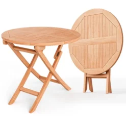 Costway 31.5'' Patio Round Folding Dining Table Solid Teak Wood Natural Outdoor Portable -Costway GUEST ca512abd 09c5 4b85 ac17 4ba9d5379dfe