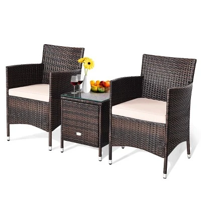 Costway Outdoor 3 PCS PE Rattan Wicker Furniture Sets Chairs Coffee Table Garden 4 Costway Outdoor 3 PCS PE Rattan Wicker Furniture Sets Chairs Coffee Table Garden - Image 4