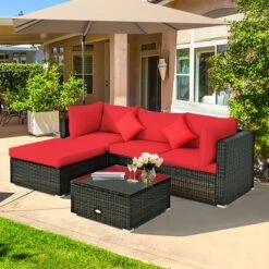 Costway 5PCS Outdoor Patio Rattan Furniture Set Sectional Conversation W/Red Cushions -Costway GUEST ca59b987 9b29 4624 a9c0 1aca79105d65 1