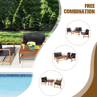 Costway 4PCS Outdoor Patio Rattan Furniture Set Acacia Wood Frame Sofa Loveseat Garden 7 Costway 4PCS Outdoor Patio Rattan Furniture Set Acacia Wood Frame Sofa Loveseat Garden - Image 7