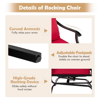 Costway 3PCS Patio Rocking Bistro Set Cushioned Chair Armrest Side Table Red 6 Costway 3PCS Patio Rocking Bistro Set Cushioned Chair Armrest Side Table Red - Image 6