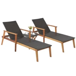 Costway 3PCS Patio Rattan Lounge Chair Chaise Set Wooden Frame Folding Table -Costway GUEST cb49986a 8db3 4fad 9295 5b4ad70dc656