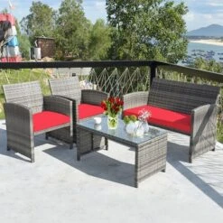 Costway 4PCS Patio Rattan Furniture Set Conversation Glass Table Top Cushioned TurquoiseRed -Costway GUEST cb6af7b6 0834 4c27 b0f0 c9c05971d1c0