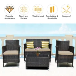 Costway 4PCS Rattan Patio Furniture Set Sofa Chair Coffee Table W/Cushion Outdoor -Costway GUEST cbcb179e 0bd1 472e af4e c40996507a78