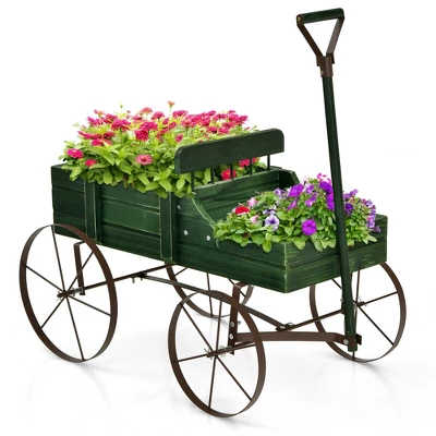 Costway Garden Plant Planter Wooden Wagon Planter W/ Wheel Garden Yard 11 Costway Garden Plant Planter Wooden Wagon Planter W/ Wheel Garden Yard - Image 11
