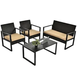 Costway 4PCS Patio Rattan Furniture Set Cushioned Sofa Coffee Table Garden Deck Brown -Costway GUEST cc7d4d06 4b71 44ec 8ab8 2ef5224e267c