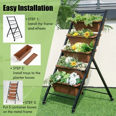 Costway 5-Tier Vertical Raised Garden Bed Elevated Planter With Wheels & Container Boxes Brown 4 Costway 5-Tier Vertical Raised Garden Bed Elevated Planter With Wheels & Container Boxes Brown - Image 4
