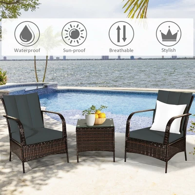 Costway 3 PCS Patio Rattan Furniture Set Coffee Table & 2 Rattan Chair W/Gray Cushions 6 Costway 3 PCS Patio Rattan Furniture Set Coffee Table & 2 Rattan Chair W/Gray Cushions - Image 6